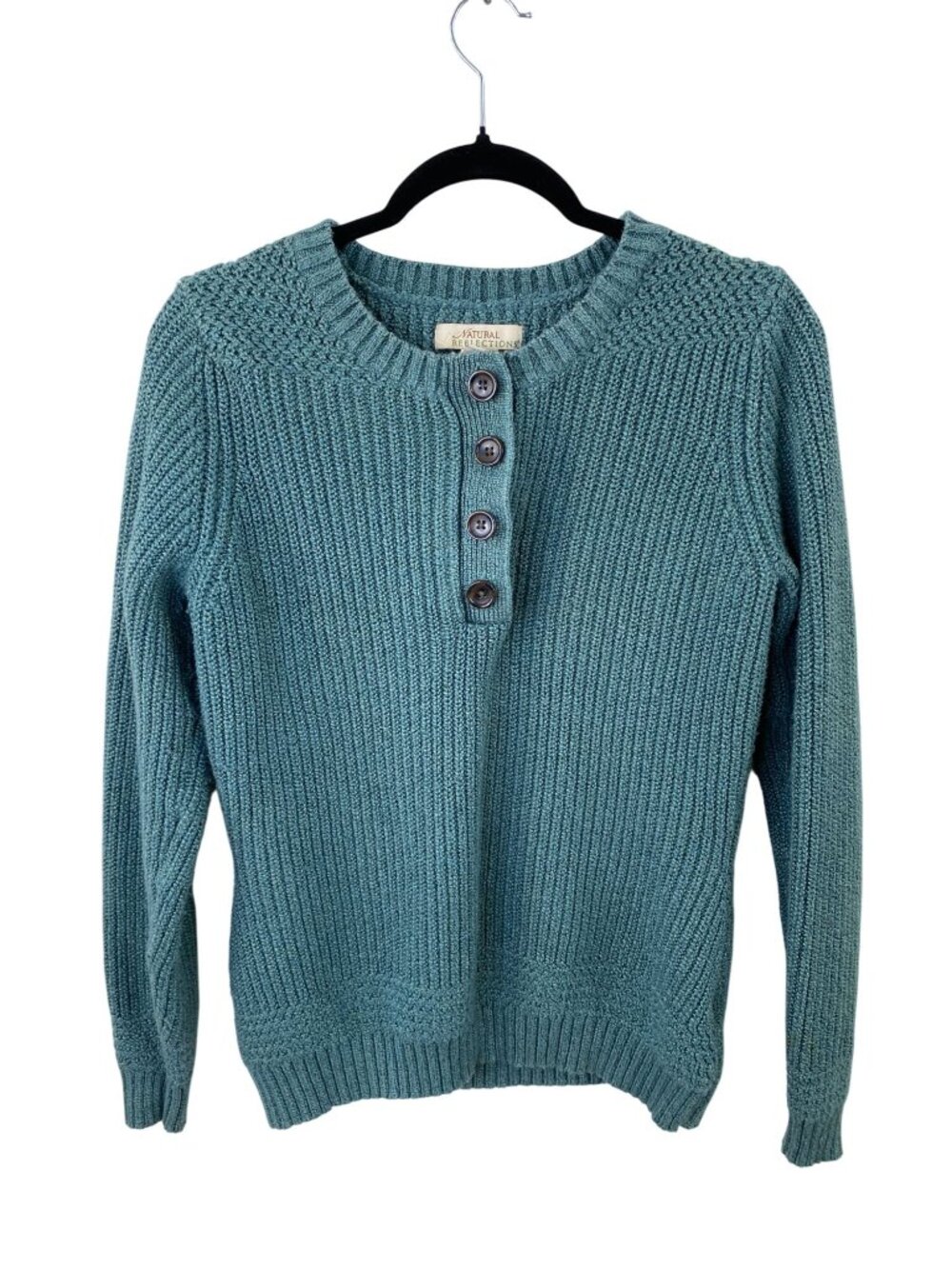 Natural Reflections Womens Green Ribbed Knit Button Henley Sweater M 1/4 button - Picture 3 of 7